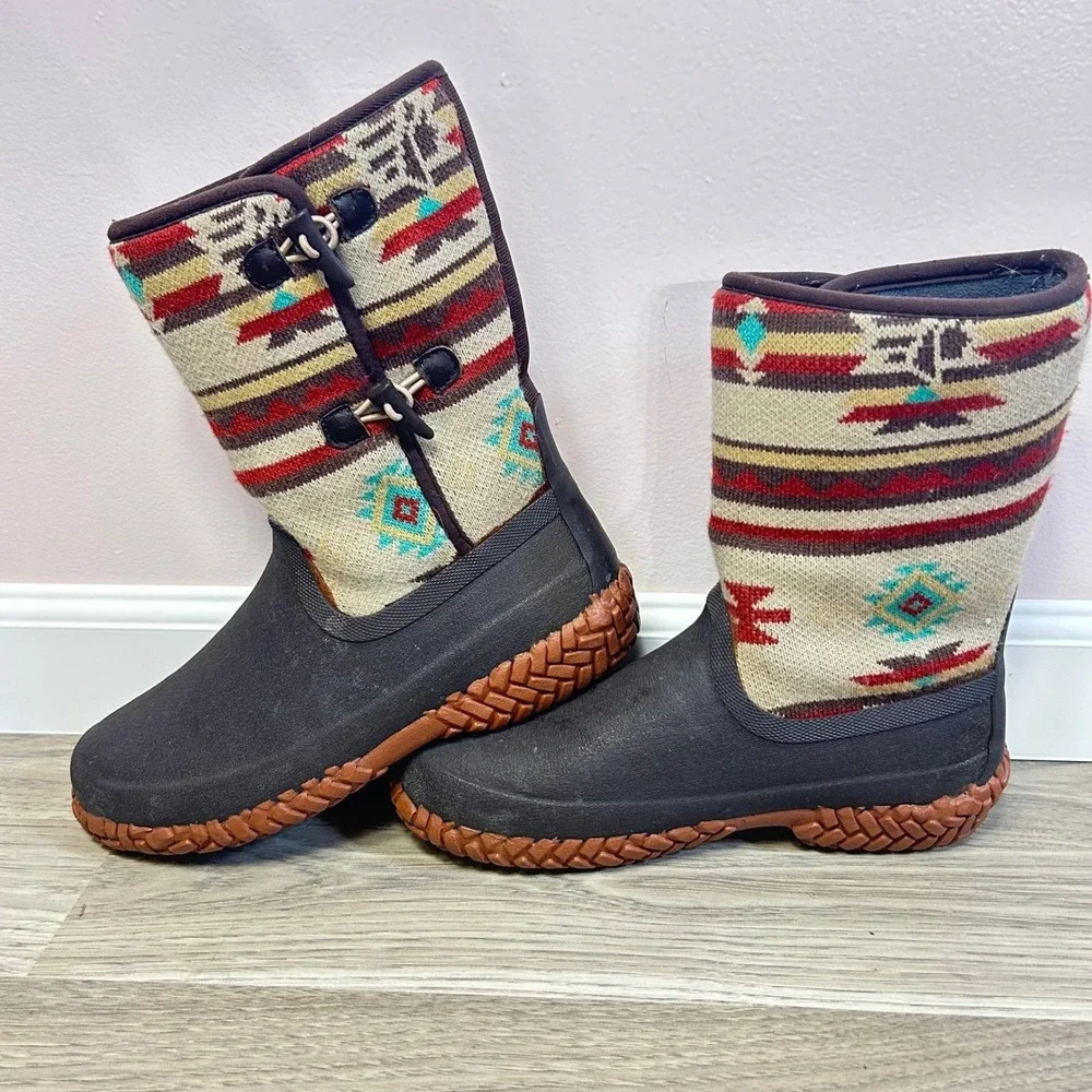 LaCrosse Women 10 Brown Southwestern Rubber Boots Gorpcore Aztec Rain Cabin core